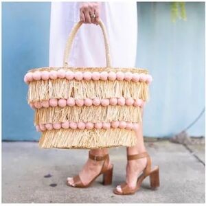 NWT BTS straw Pom Pom “Olivia” tote